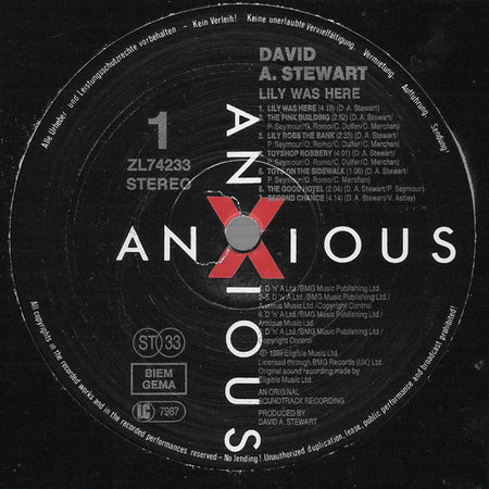David A. Stewart And Featuring Candy Dulfer : Lily Was Here (LP, Album)