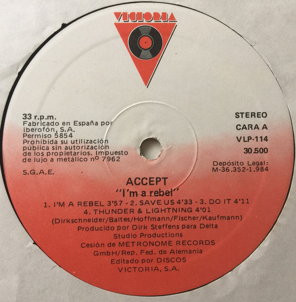 Accept : I'm A Rebel  (LP, Album, RE)