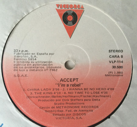 Accept : I'm A Rebel  (LP, Album, RE)