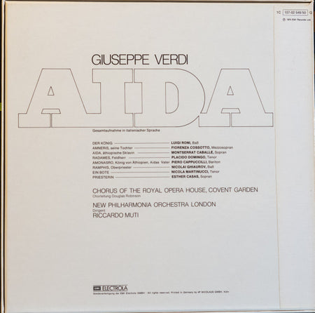 Giuseppe Verdi, Montserrat Caballé, Placido Domingo, Fiorenza Cossotto, Piero Cappuccilli, Nicolai Ghiaurov, New Philharmonia Orchestra, Chorus Of The Royal Opera House, Covent Garden, Riccardo Muti : Aida (3xLP, Album, Quad + Box)