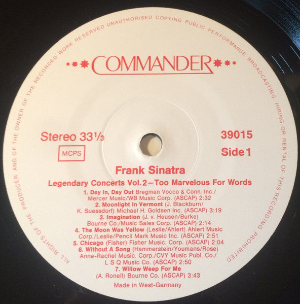 Frank Sinatra : Legendary Concerts Vol. 2‎–Too Marvelous For Words (LP)