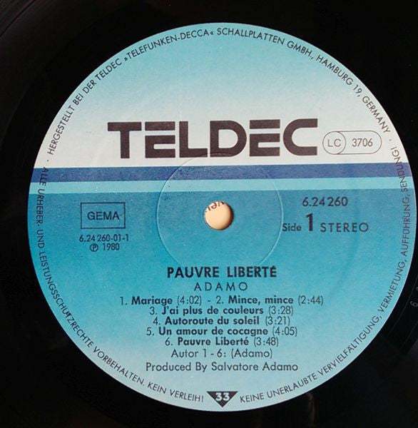 Adamo : Pauvre Liberté... (LP, Album)
