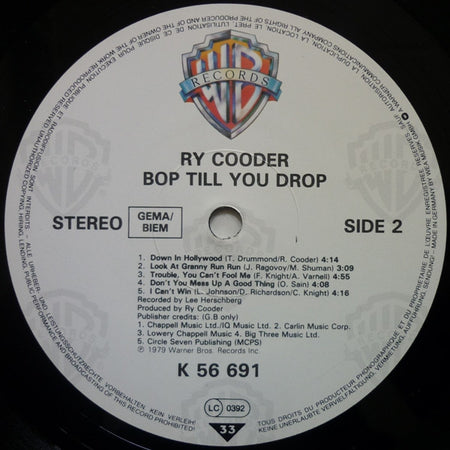 Ry Cooder : Bop Till You Drop (LP, Album, RE)