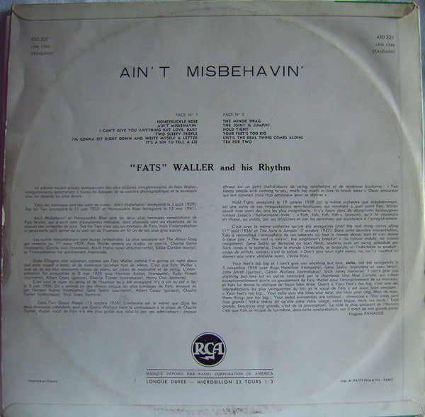 Fats Waller & His Rhythm : Ain't Misbehavin' (LP, Comp, Mono)