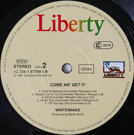 Whitesnake : Come An' Get It (LP, Album, RE)