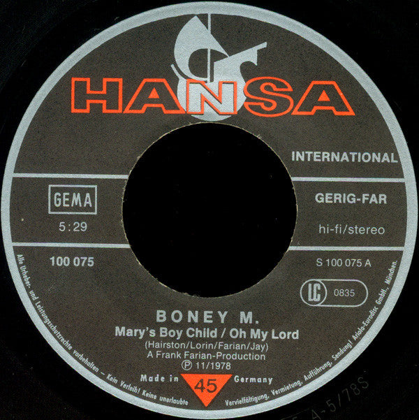 Boney M. : Mary's Boy Child / Oh My Lord (7", Single)