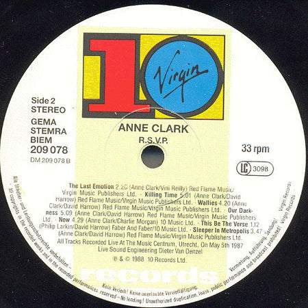 Anne Clark : R.S.V.P. (LP, Album)