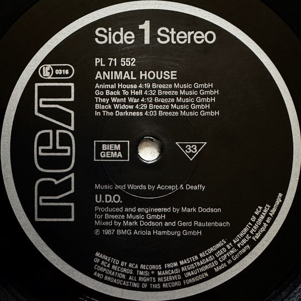 U.D.O. (2) : Animal House (LP, Album)