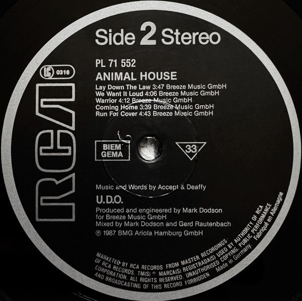 U.D.O. (2) : Animal House (LP, Album)