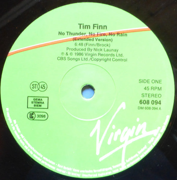Tim Finn : No Thunder, No Fire, No Rain (Extended Mix) (12")