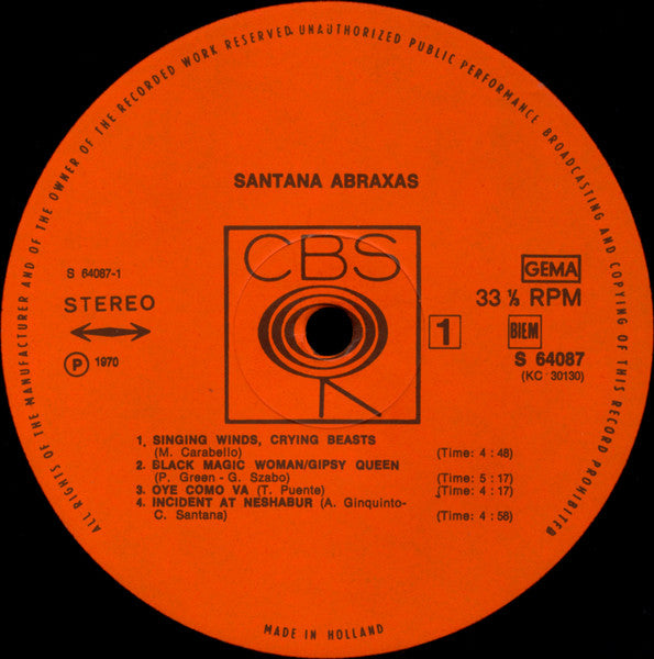 Santana : Abraxas (LP, Album, Gat)