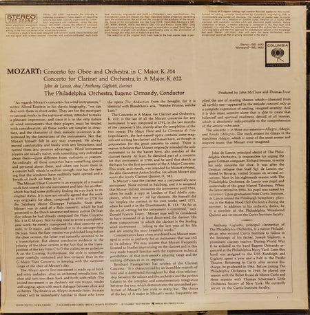 Wolfgang Amadeus Mozart, The Philadelphia Orchestra, Eugene Ormandy : The Four Concertos For Woodwinds And Orchestra Vol. 2 (Concerto For Oboe, K.314 / Concerto For Clarinet, K.622) (LP)