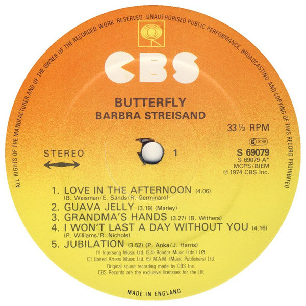 Barbra Streisand : Butterfly (LP, Album, RE)