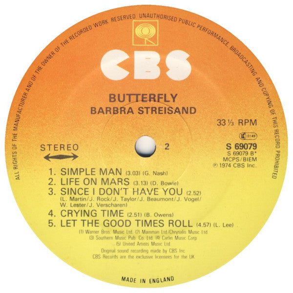 Barbra Streisand : Butterfly (LP, Album, RE)