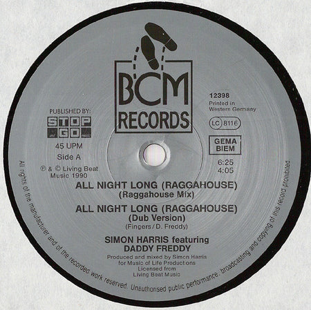 Simon Harris Starring Daddy Freddy : Ragga House (All Night Long) (12")