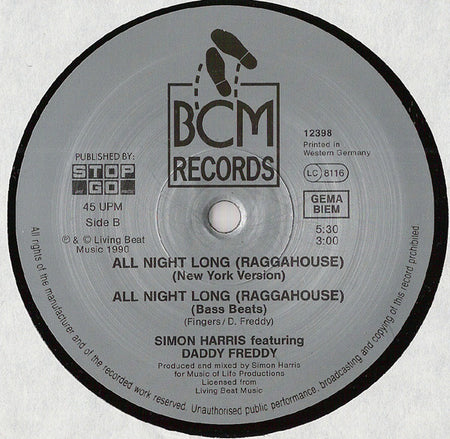 Simon Harris Starring Daddy Freddy : Ragga House (All Night Long) (12")