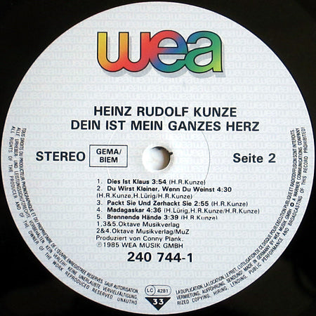 Heinz Rudolf Kunze : Dein Ist Mein Ganzes Herz (LP, Album)