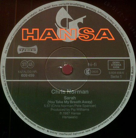 Chris Norman : Sarah (You Take My Breath Away) - Long Version (12", Maxi)