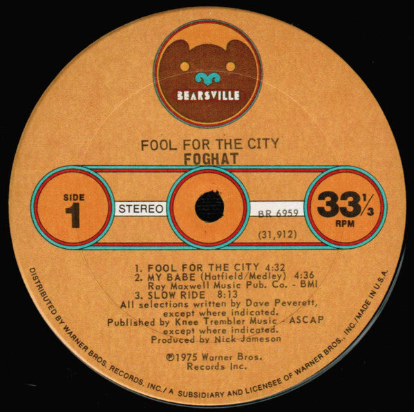 Foghat : Fool For The City (LP, Album, Pit)