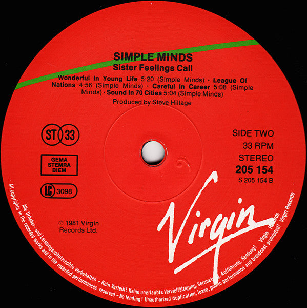 Simple Minds : Sister Feelings Call (LP, Album, RE)