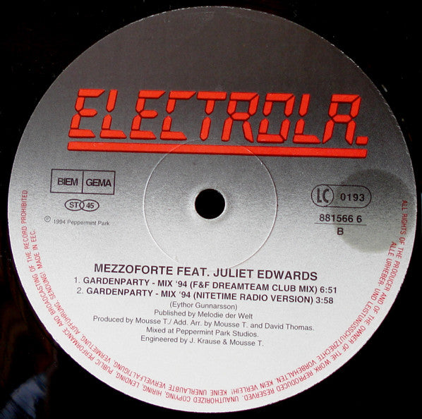 Mezzoforte Feat. Juliet Edwards : Garden Party (Remix '94) (12")
