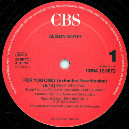 Alison Moyet : For You Only (Extended New Version) (12", Maxi)