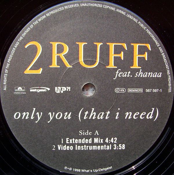 2 Ruff* Feat. Shanaa : Only You (That I Need) (12")