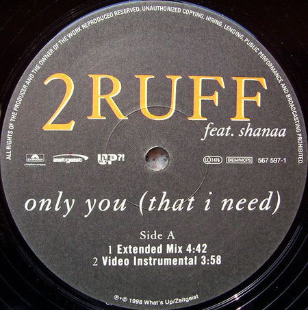 2 Ruff* Feat. Shanaa : Only You (That I Need) (12")