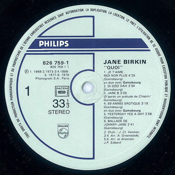 Jane Birkin : Quoi (LP, Comp)