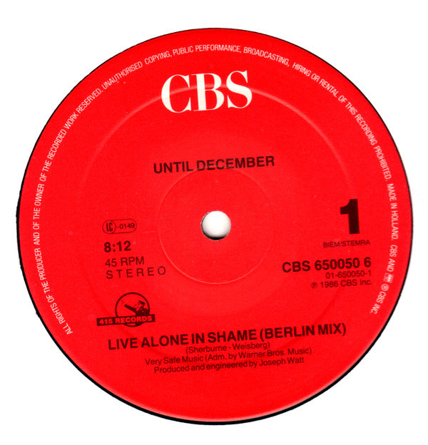 Until December : Live Alone In Shame / We Are The Boys (12", Maxi)
